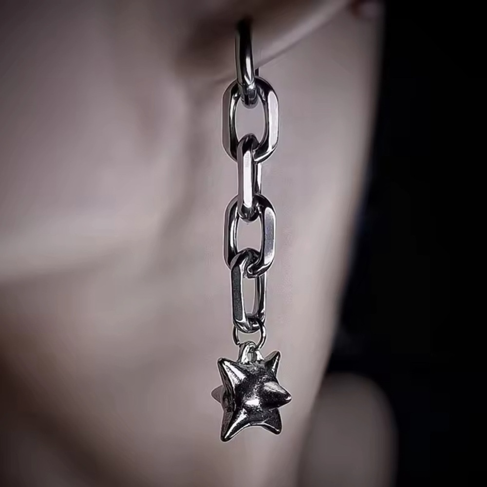 925 Sterling Silver Punk Morning Star Spiked Ball On Chunky Chain Earrings - Picture 2 of 6